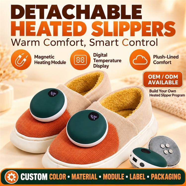 Detachable Magnetic Heated Slippers, Graphene Heating Module with Digital Display, Custom Color Material Label and Packaging
