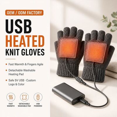 USB Isıtmalı Örgü Eldivenler, Ayrılabilir Cırt Cırtlı Isıtma Pedi ile 5V Parmaksız Kış Eldivenleri, 40-50C Sabit Sıcaklık, Aşırı Isınma Koruması, CE FCC RoHS, Özel Renk Logo ve Paketleme