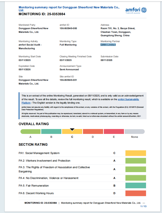 Çin Dongguan Sheerfond New Materials Co., Ltd. Sertifikalar